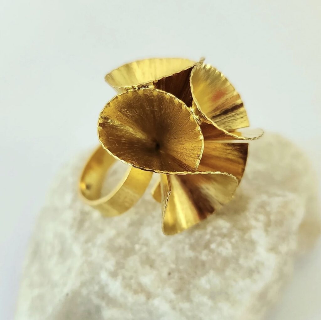 Handcrafted Contemporary Flower Ring 24k gold-plated bronze artisan jewelry front view