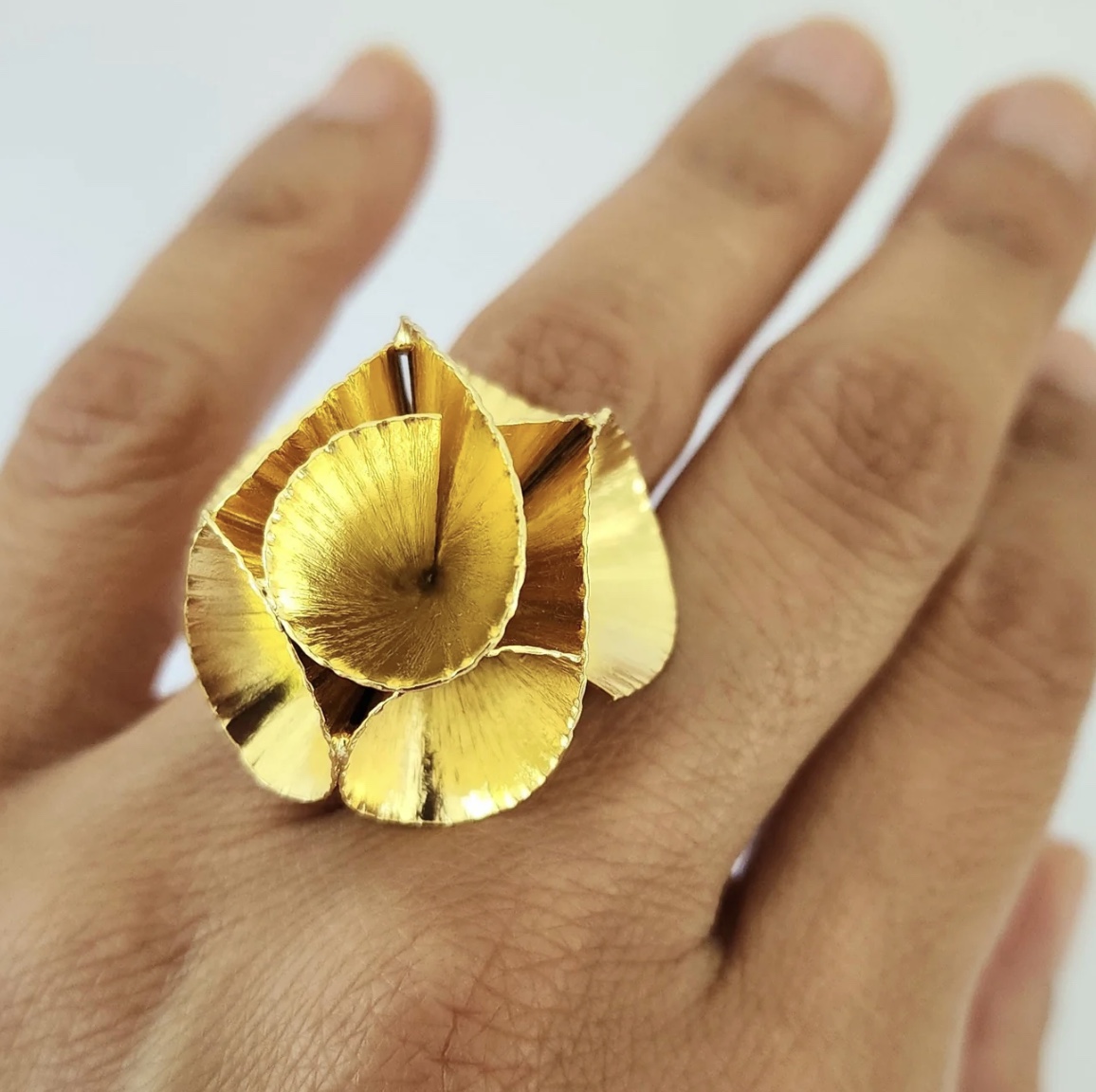 Handcrafted Contemporary Flower Ring 24k gold-plated bronze artisan jewelry front view