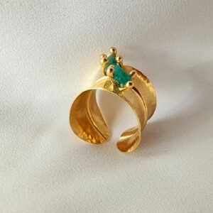 Handcrafted Golden Horizon Ring 24k gold-plated bronze with emeralds adjustable artisan jewelry lifestyle