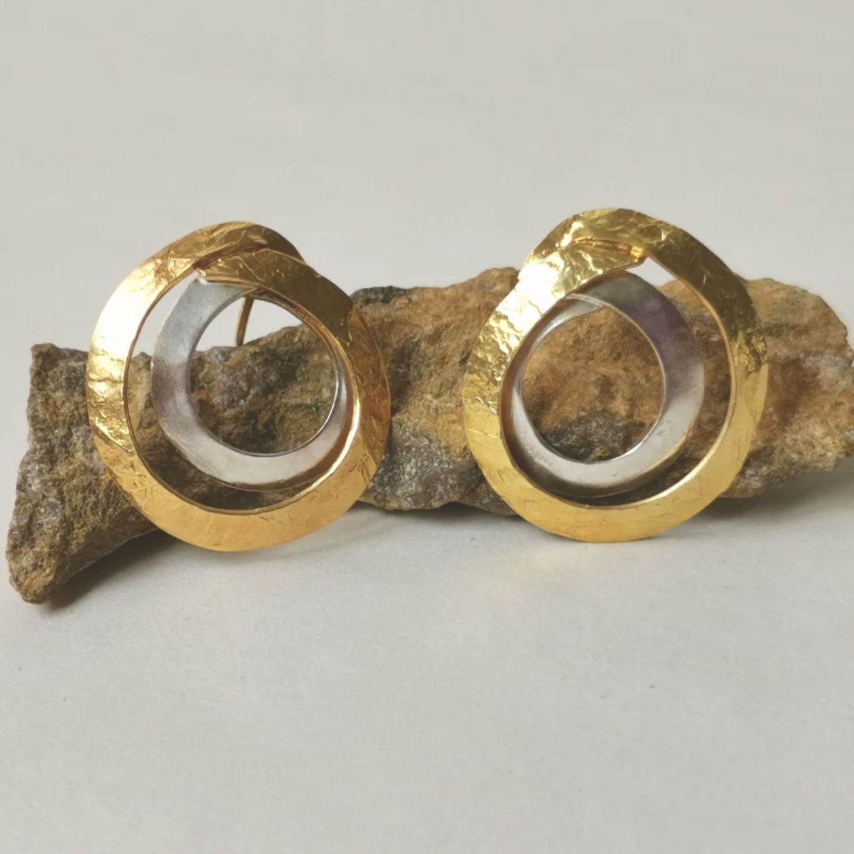Handcrafted Wave Stud Earrings sterling silver with 24k gold-plated accents artisan jewelry front view
