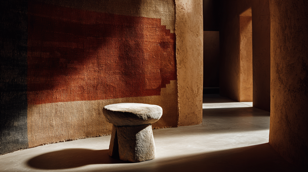 one ceremonial stool (mamo’s seat) in a minimalist setting, symbol of dialogue and connection, with soft daylight.