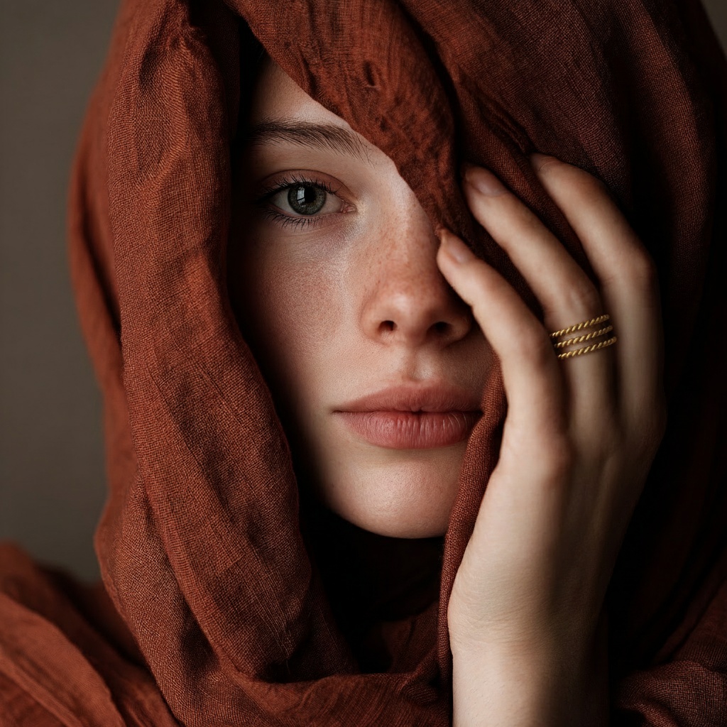 Portrait of a woman in terracotta linen fabric, gently touching her face with hand wearing a handcrafted twisted gold ring, lit by soft natural daylight.