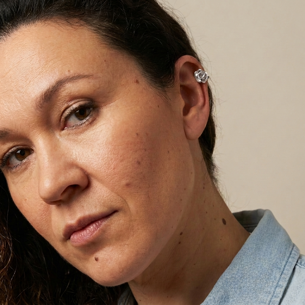 Silver Floral Ear Cuff with a sculptural bloom design, inspired by nature and handcrafted Colombian jewelry.