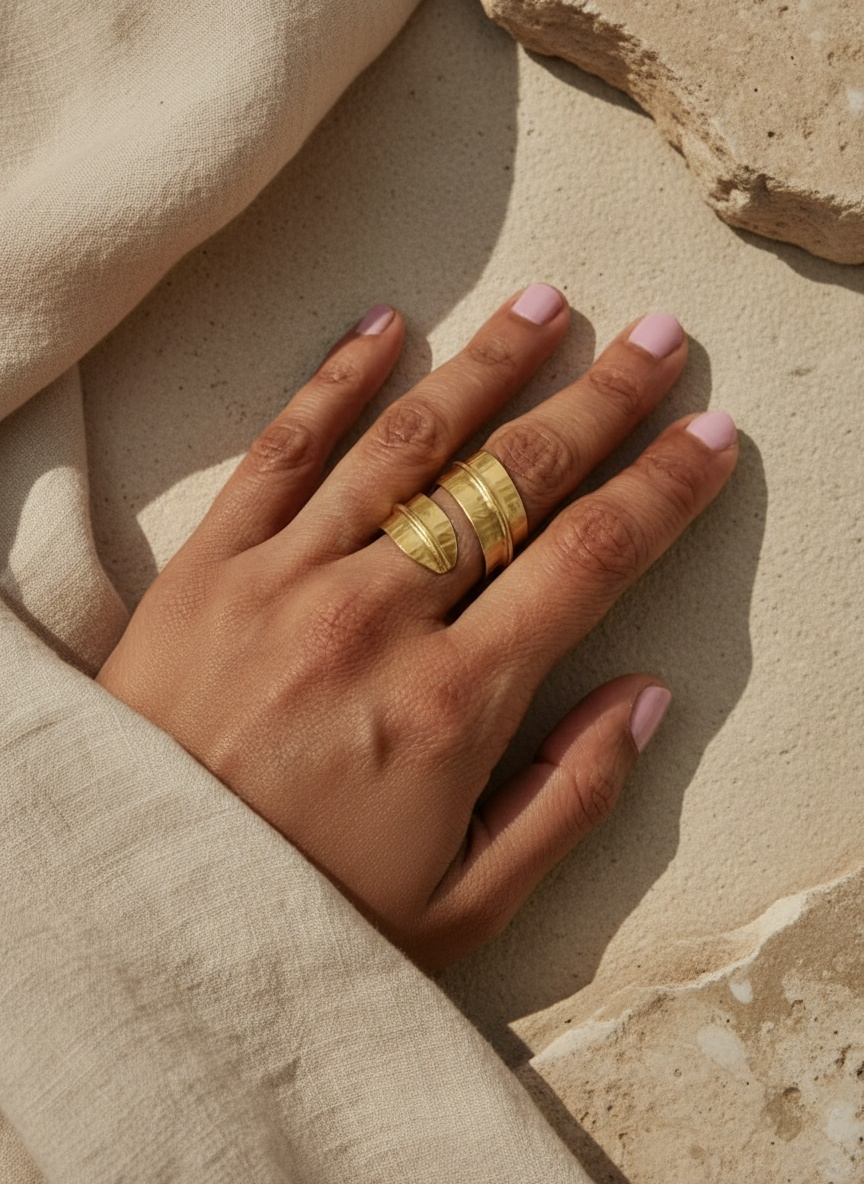 Handcrafted Golden Dry Leaf Ring 24k gold-plated bronze adjustable artisan jewelry front