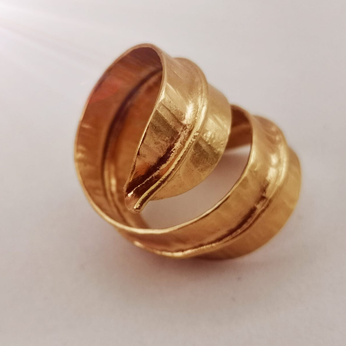 Handcrafted Golden Dry Leaf Ring 24k gold-plated bronze adjustable artisan jewelry side