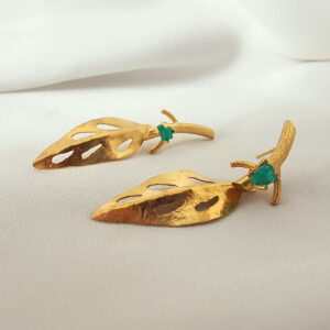 Handcrafted Long Leaf Branch Earrings 24k gold-plated bronze with emeralds artisan jewelry side