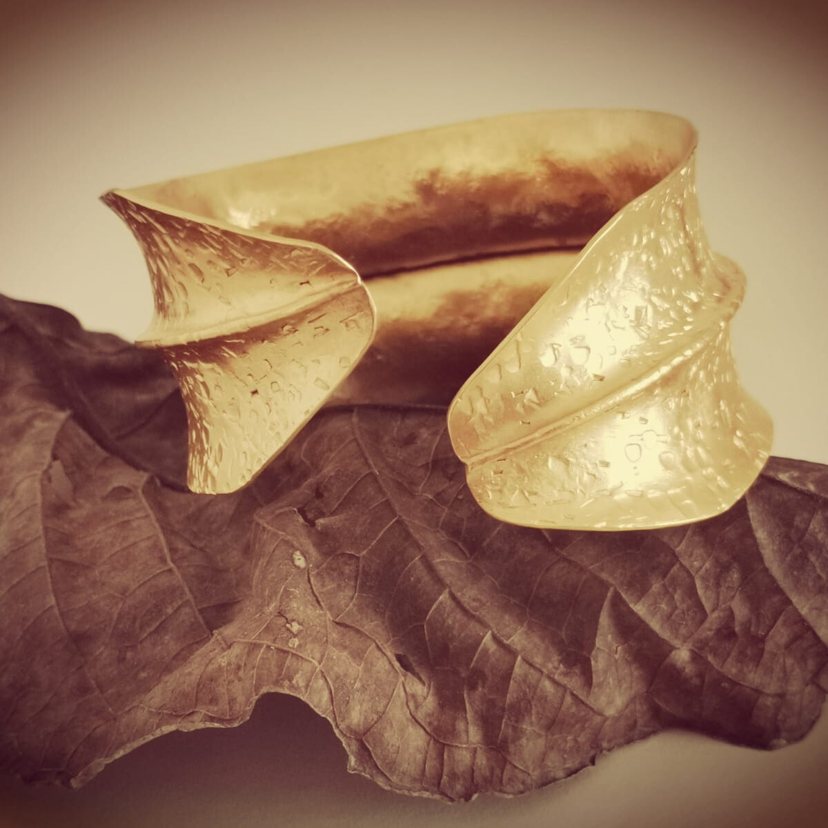 Handcrafted Textured Leaf Bracelet 24k gold-plated bronze adjustable artisan jewelry back