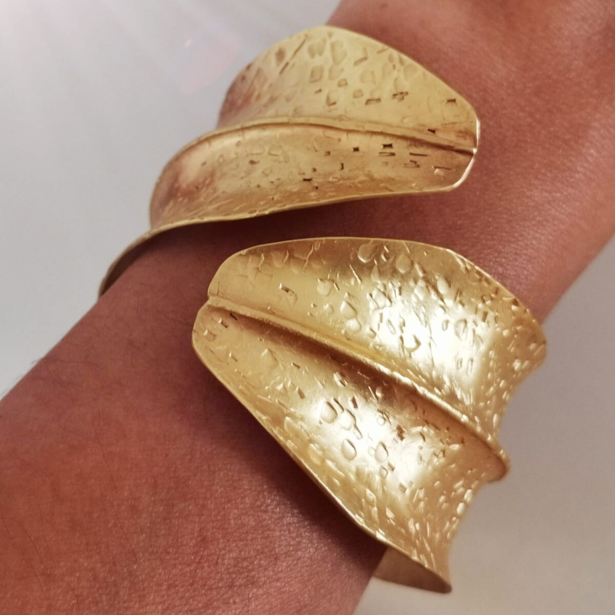 Handcrafted Textured Leaf Bracelet 24k gold-plated bronze adjustable artisan jewelry front