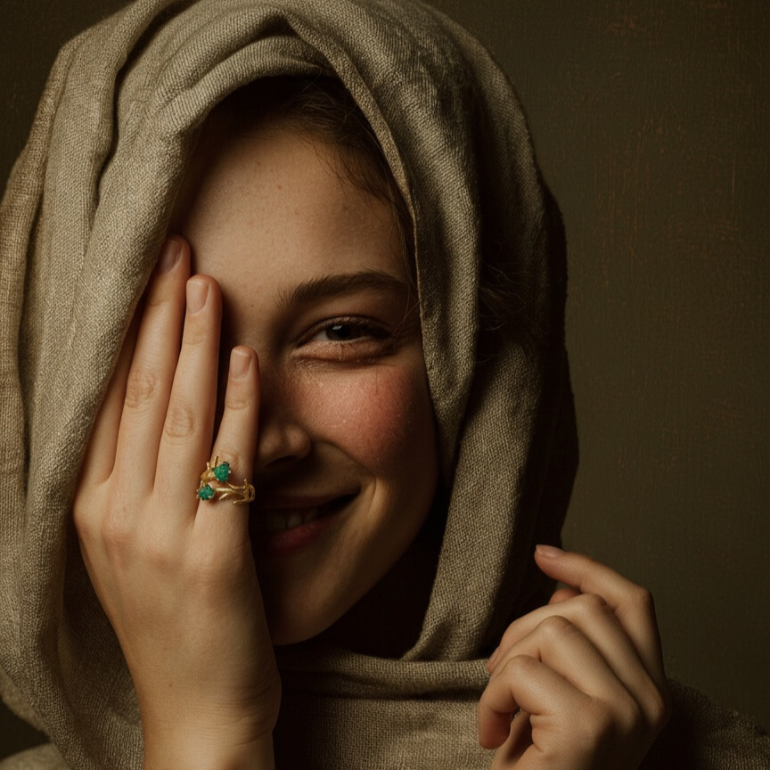 Thin Branch Ring 24k gold-plated bronze with emeralds artisan jewelry lifestyle worn view