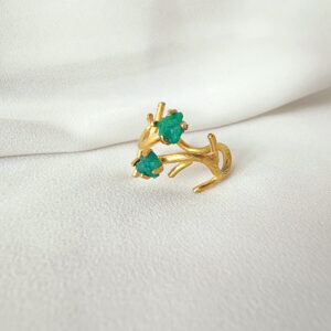 Handcrafted Thin Branch Ring 24k gold-plated bronze with emeralds adjustable artisan jewelry front