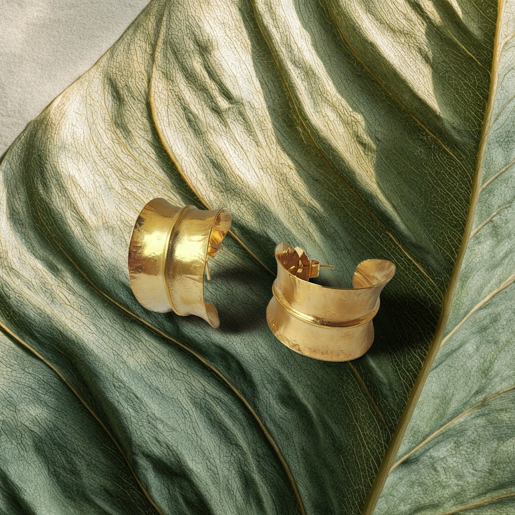 Handcrafted Wide Leaf Hoop Earrings 24k gold-plated bronze artisan jewelry environment