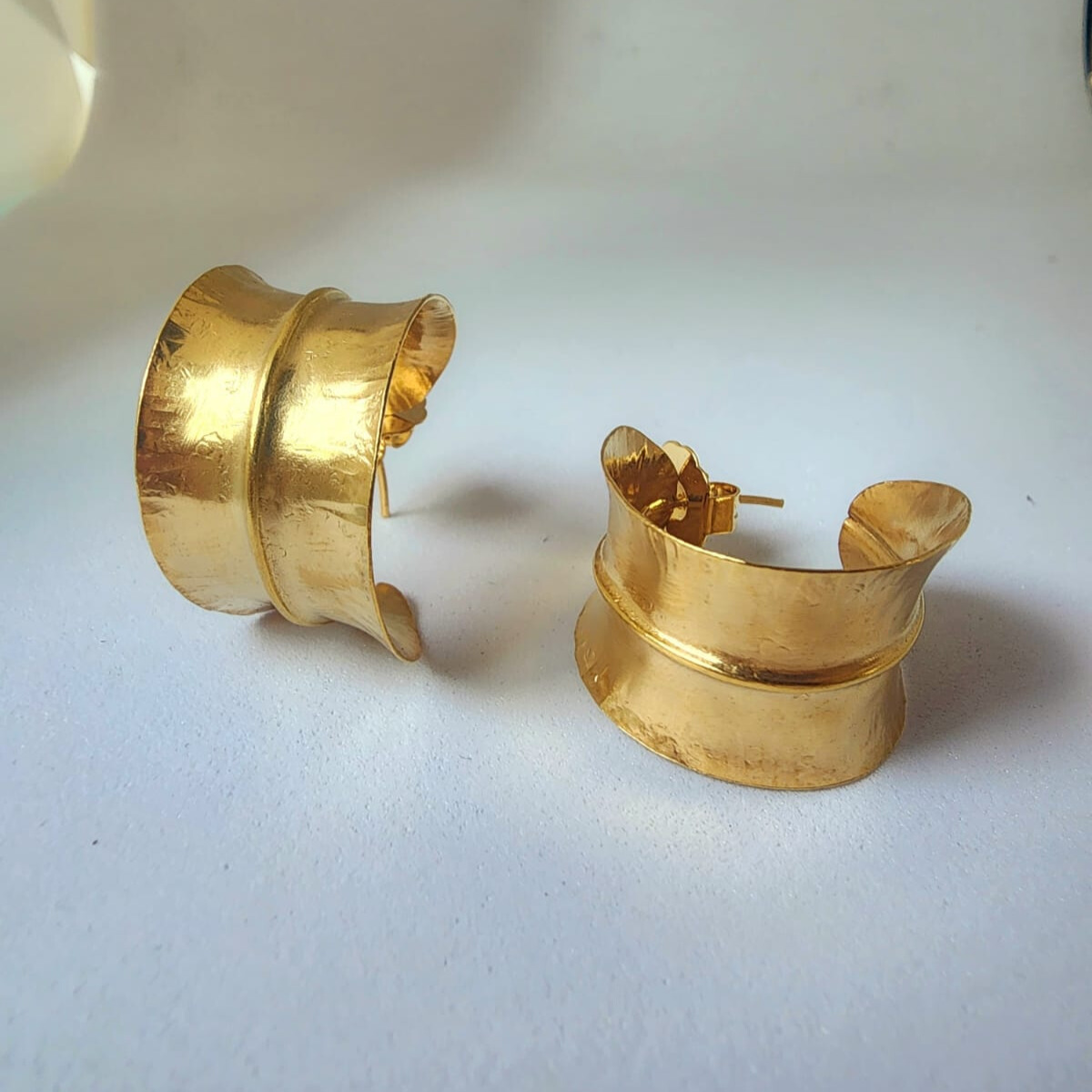 Handcrafted Wide Leaf Hoop Earrings 24k gold-plated bronze artisan jewelry front