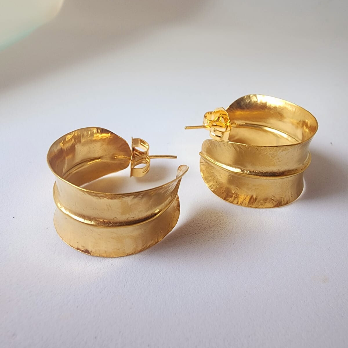 Handcrafted Wide Leaf Hoop Earrings 24k gold-plated bronze artisan jewelry side