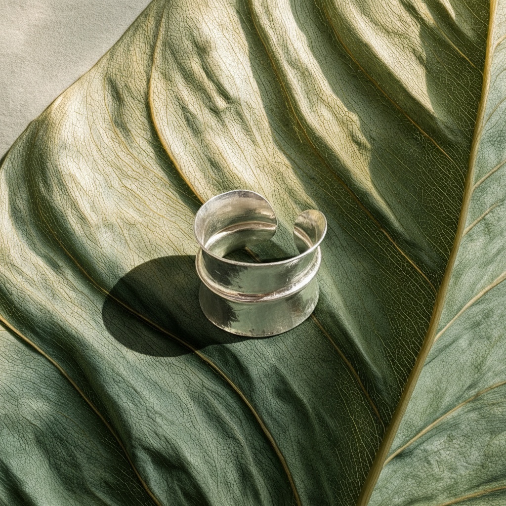 Handcrafted Wide Leaf Ring sterling silver 950 adjustable artisan jewelry detail