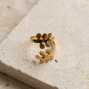 Adjustable 24k gold-plated bronze Guayacán Ring with sculptural leaf shapes inspired by the Guayacán tree.